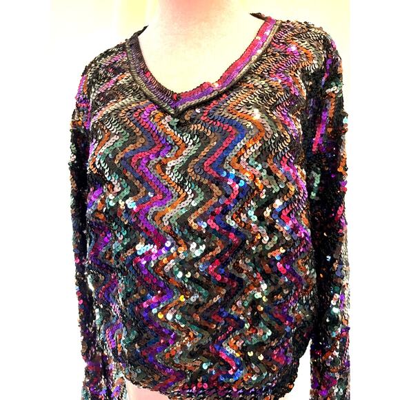 Vintage 80's Toppettes Full Sequined Pullover V-Neck Top Zig-Zag Pattern S - Picture 6 of 8